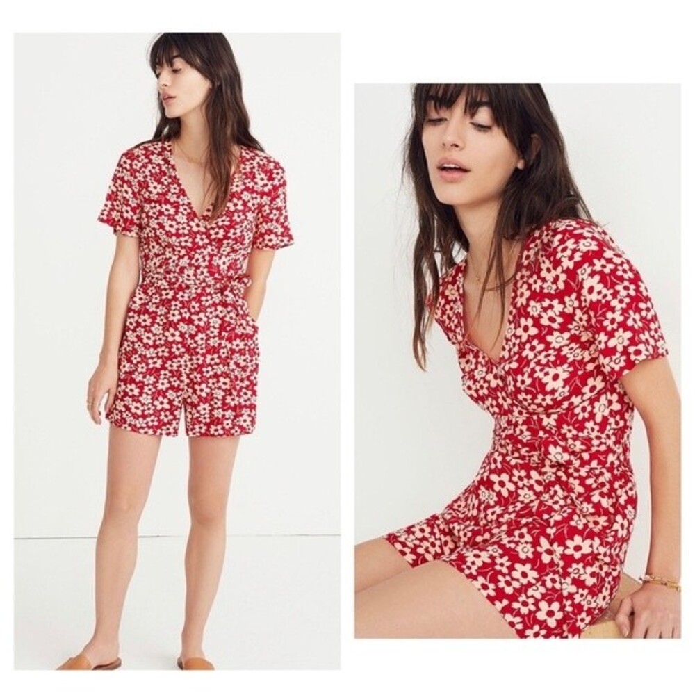 Madewell red mini daisy wrap front romper with pockets size 4